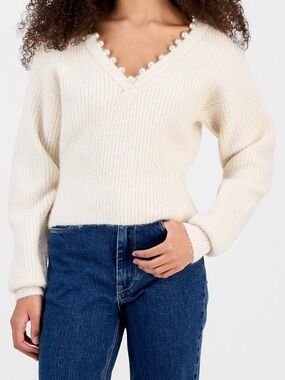 Blank NYC Cream V-Neck Sweater with Pearl Trim